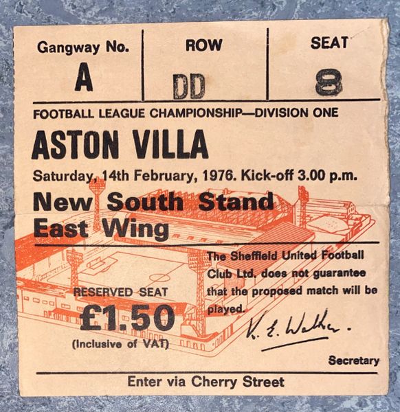 1975/76 ORIGINAL DIVISION ONE TICKET SHEFFIELD UNITED V ASTON VILLA