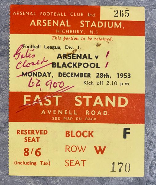 1953/54 ORIGINAL DIVISION ONE TICKET ARSENAL V BLACKPOOL