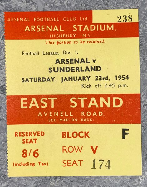 1953/54 ORIGINAL DIVISION ONE TICKET ARSENAL V SUNDERLAND