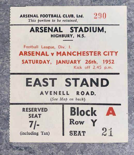 1951/52 ORIGINAL DIVISION ONE TICKET ARSENAL V MANCHESTER CITY