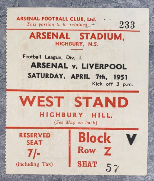 1950/51 ORIGINAL DIVISION ONE TICKET ARSENAL V LIVERPOOL