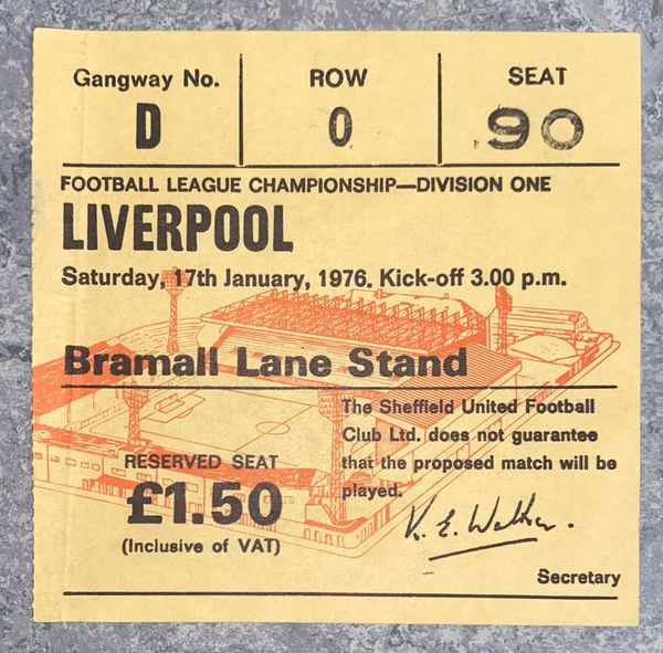 1975/76 original DIVISION ONE ticket SHEFFIELD UNITED V LIVERPOOL