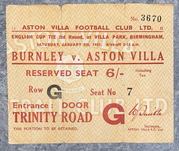 1950/51 ORIGINAL FA CUP 3rd ROUND ASTON VILLA V BURNLEY