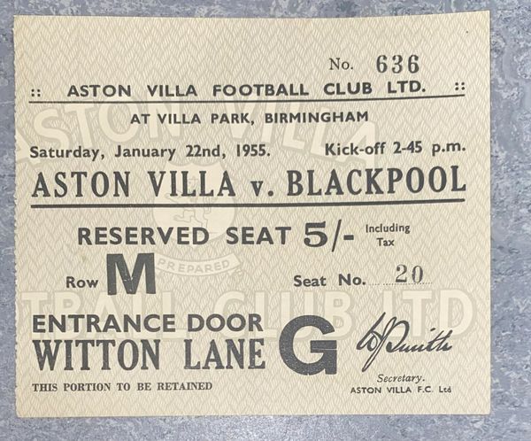 1954/55 ORIGINAL DIVISION ONE TICKET ASTON VILLA V BLACKPOOL