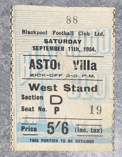 1954/55 ORIGINAL DIVISION ONE TICKET BLACKPOOL v ASTON VILLA