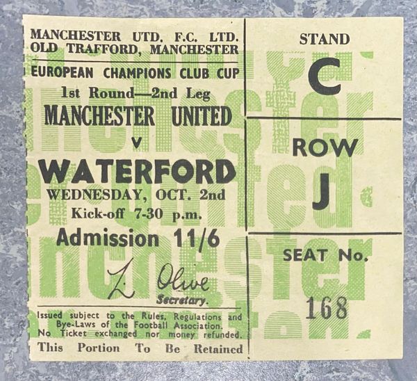 1968/69 ORIGINAL EUROPEAN CUP 1st ROUND 2nd LEG TICKET MANCHESTER UNITED V WATERFORD