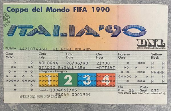 1990 ORIGINAL WORLD CUP 2nd ROUND TICKET BELGIUM V ENGLAND @BOLOGNA