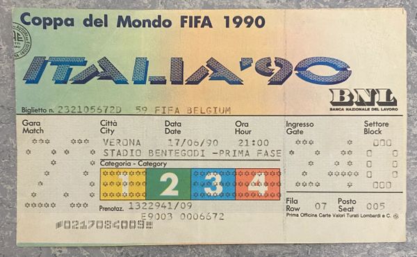 1990 ORIGINAL WORLD CUP TICKET BELGIUM V URUGUAY @VERONA