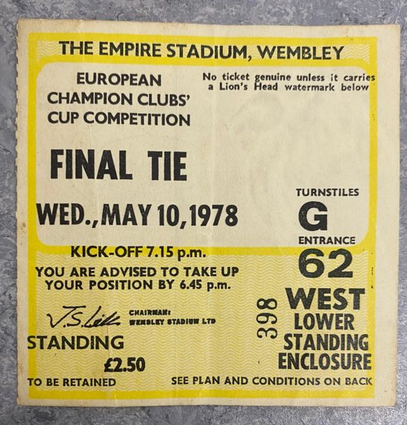 1978 original EUROPEAN CUP FINAL match ticket FC BRUGES V LIVERPOOL G62 398