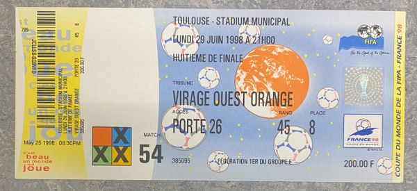 1998 ORIGINAL WORLD CUP 2nd ROUND UNUSED TICKET NETHERLANDS V FR YUGOSLAVIA @TOULOUSE