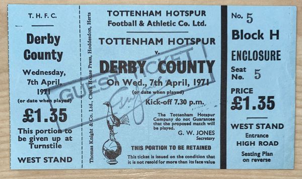 1970/71 ORIGINAL UNUSED DIVISION ONE TICKET TOTTENHAM HOTSPUR V DERBY COUNTY