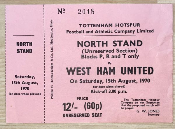 1970/71 ORIGINAL UNUSED DIVISION ONE TICKET TOTTENHAM HOTSPUR V WEST HAM UNITED