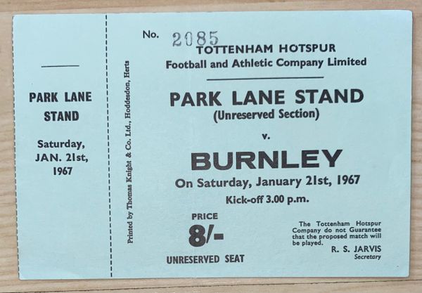 1966/67 ORIGINAL UNUSED DIVISION ONE TICKET TOTTENHAM HOTSPUR V BURNLEY