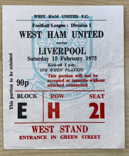 1974/75 ORIGINAL DIVISION ONE TICKET WEST HAM UNITED V LIVERPOOL