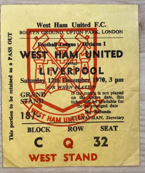 1970/71 ORIGINAL DIVISION ONE TICKET WEST HAM UNITED V LIVERPOOL