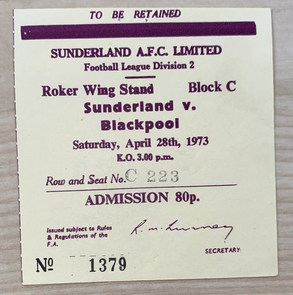 1972/73 ORIGINAL DIVISION TWO TICKET SUNDERLAND V BLACKPOOL