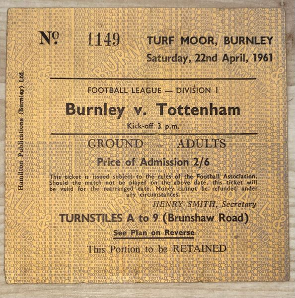 1960/61 ORIGINAL MATCH TICKET BURNLEY V TOTTENHAM HOTSPUR