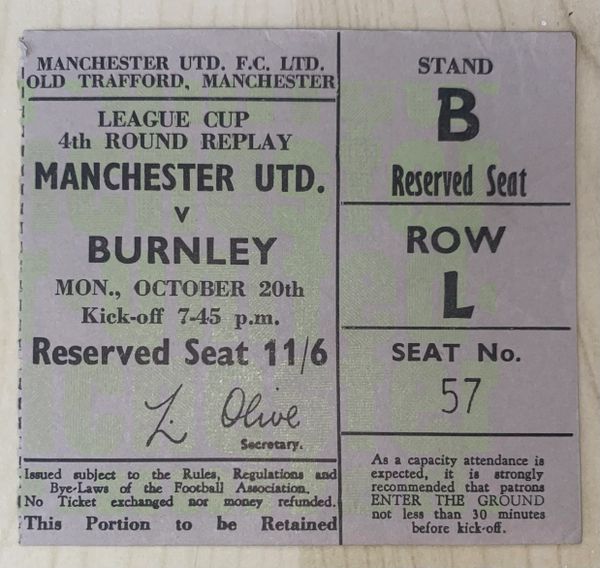 1969/70 ORIGINAL LEAGUE CUP 4TH ROUND REPLAY TICKET MANCHESTER UNITED V BURNLEY