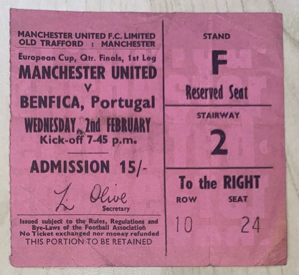 1965/66 ORIGINAL EUROPEAN CUP QUARTER FINAL 1ST LEG TICKET MANCHESTER UNITED V BENFICA
