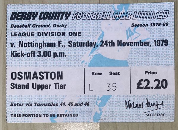 1979/80 ORIGINAL DIVISION ONE TICKET DERBY COUNTY V NOTTINGHAM FOREST