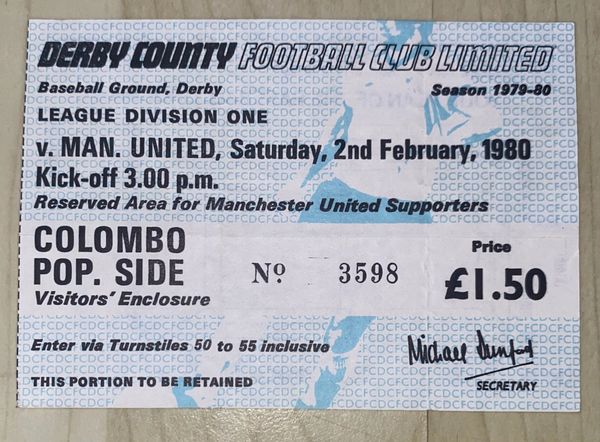 1979/80 ORIGINAL DIVISION ONE TICKET DERBY COUNTY V MANCHESTER UNITED