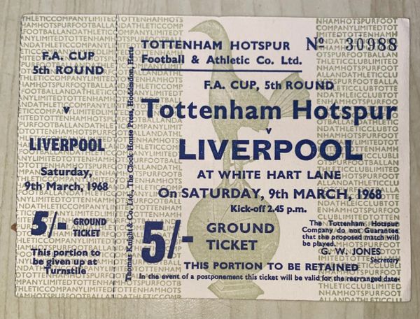 1967/68 ORIGINAL FA CUP 5TH ROUND UNUSED TICKET TOTTENHAM HOTSPUR V LIVERPOOL 30988