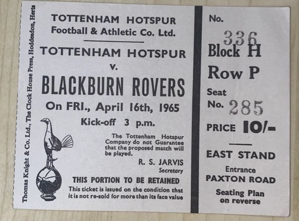 1964/65 ORIGINAL DIVISION ONE TICKET TOTTENHAM HOTSPUR V BLACKBURN ROVERS