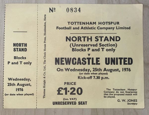 1976/77 ORIGINAL UNUSED DIVISION ONE TICKET TOTTENHAM HOTSPUR V NEWCASTLE UNITED