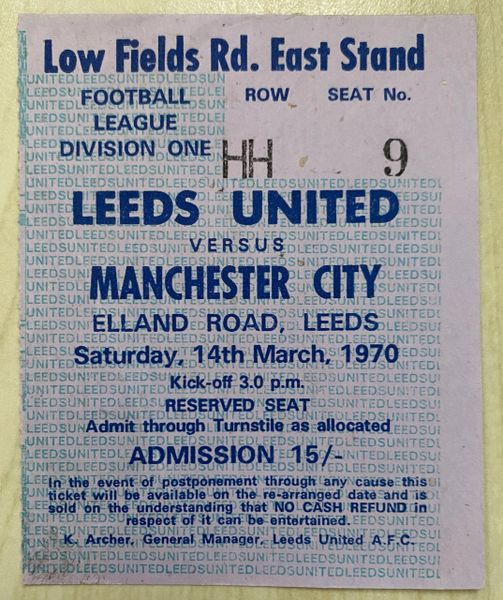 1969/70 ORIGINAL DIVISION ONE TICKET LEEDS UNITED V MANCHESTER CITY