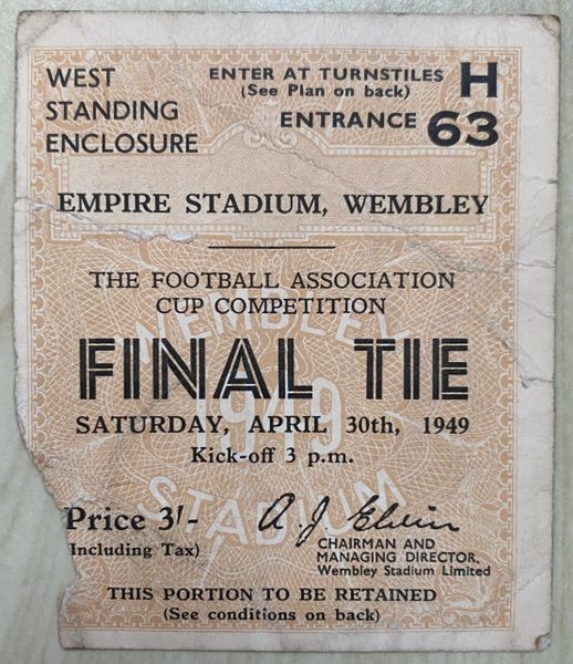 1949 original FA CUP FINAL ticket LEICESTER CITY V WOLVERHAMPTON WANDERERS