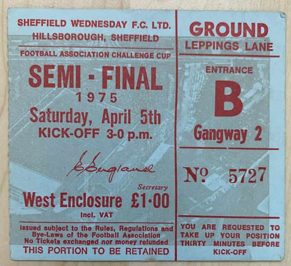 1975 ORIGINAL FA CUP SEMI FINAL TICKET FULHAM V BIRMINGHAM CITY @HILLSBROUGH