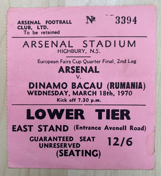 1970 ORIGINAL INTER-CITIES FAIRS CUP 4TH ROUND 2ND LEG TICKET ARSENAL V DINAMO BACAU