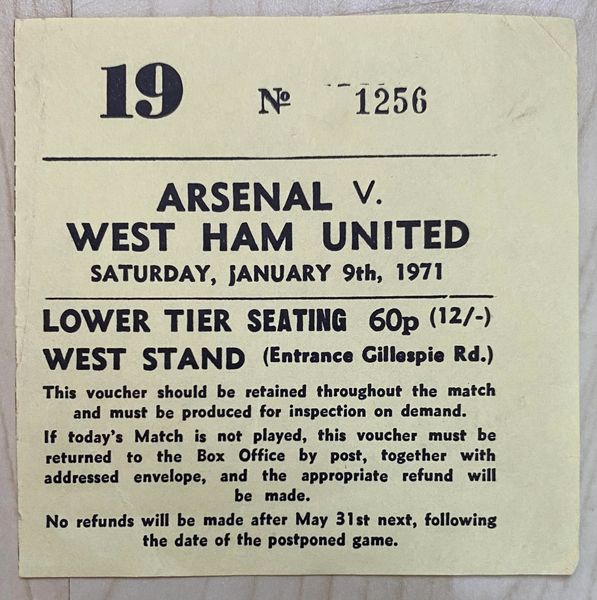 1970/71 ORIGINAL DIVISION ONE TICKET ARSENAL V WEST HAM UNITED