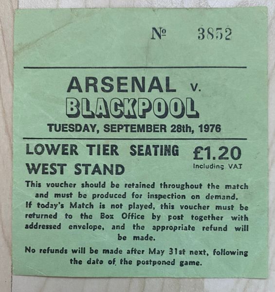 1976/77 ORIGINAL LEAGUE CUP THIRD ROUND REPLAY TICKET ARSENAL V BLACKPOOL