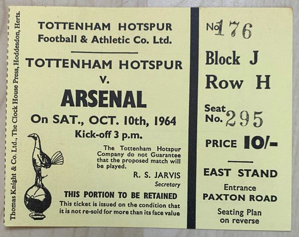 1964/65 ORIGINAL DIVISION ONE TICKET TOTTENHAM HOTSPUR V ARSENAL