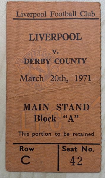 1970/71 ORIGINAL DIVISION ONE TICKET LIVERPOOL V DERBY COUNTY