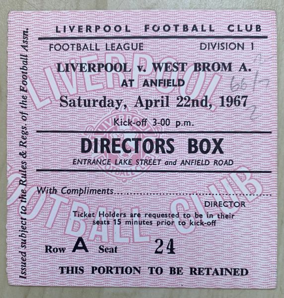 1966/67 ORIGINAL DIVISION ONE TICKET LIVERPOOL V WEST BROMWICH ALBION