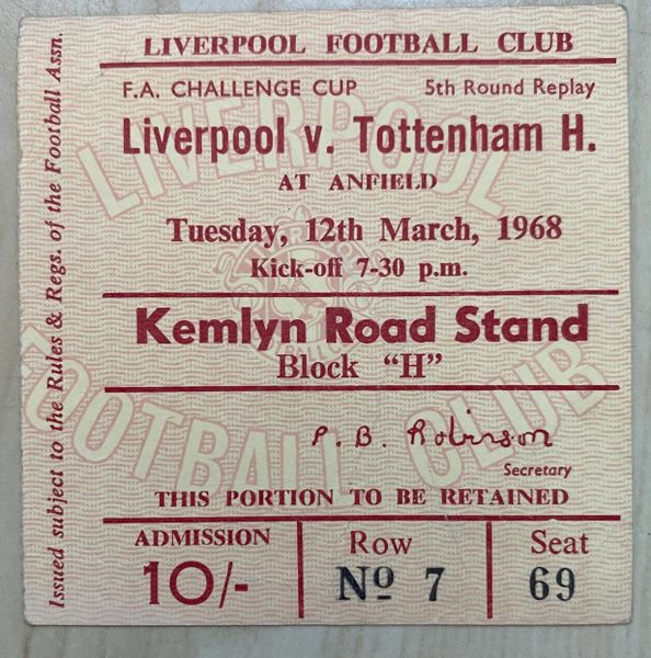 1967/68 ORIGINAL FA CUP 5TH ROUND REPLAY LIVERPOOL V TOTTENHAM HOTSPUR