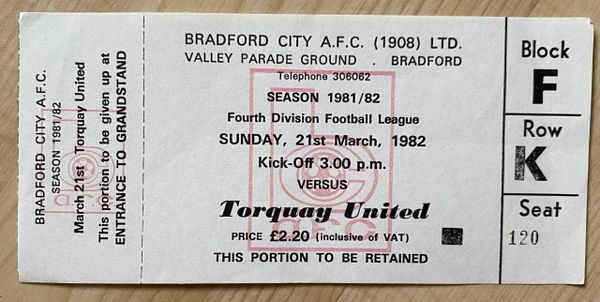 1981/82 ORIGINAL UNUSED DIVISION FOUR TICKET BRADFORD CITY V TORQUAY UNITED