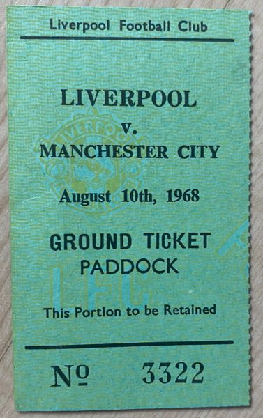 1968/69 ORIGINAL DIVISION ONE TICKET LIVERPOOL V MANCHESTER CITY