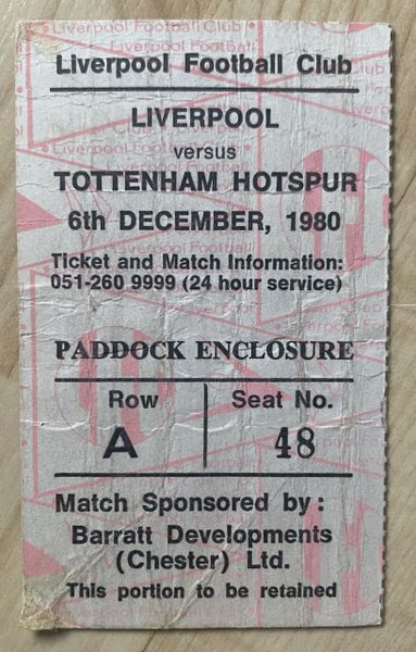 1980/81 ORIGINAL DIVISION ONE TICKET LIVERPOOL V TOTTENHAM HOTSPUR