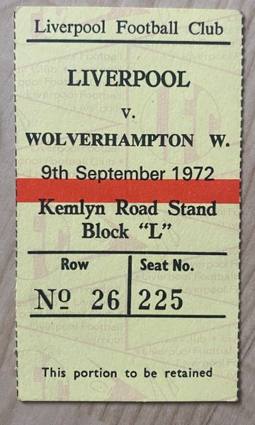 1972/73 ORIGINAL DIVISION ONE TICKET LIVERPOOL V WOLVERHAMPTON WANDERERS