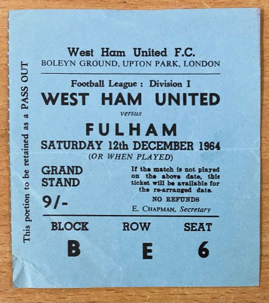 1964/65 ORIGINAL DIVISION ONE TICKET WEST HAM UNITED V FULHAM