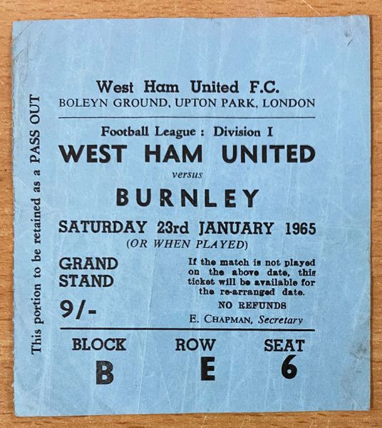 1964/65 ORIGINAL DIVISION ONE TICKET WEST HAM UNITED V BURNLEY