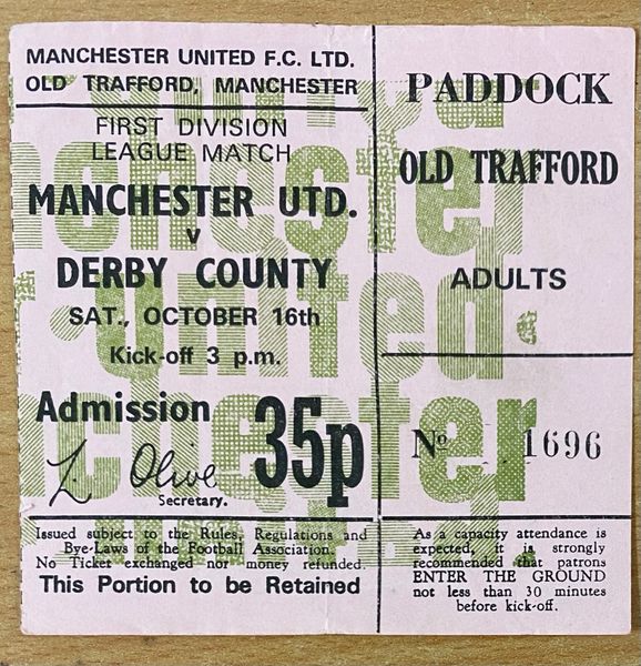 1971/72 ORIGINAL DIVISION ONE TICKET MANCHESTER UNITED V DERBY COUNTY