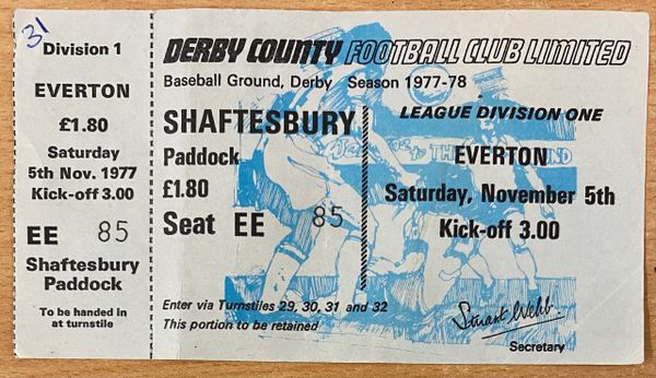 1977/78 ORIGINAL UNUSED DIVISION ONE TICKET DERBY COUNTY V EVERTON