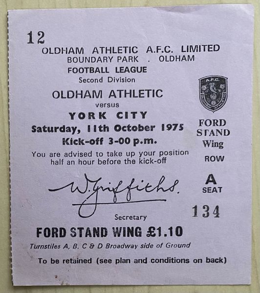 1975/76 ORIGINAL DIVISION TWO TICKET OLDHAM ATHLETIC V YORK CITY