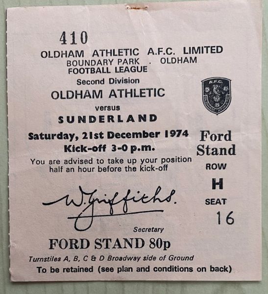 1974/75 ORIGINAL DIVISION TWO TICKET OLDHAM ATHLETIC V SUNDERLAND