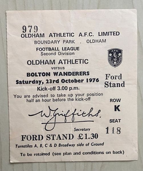 1976/77 ORIGINAL DIVISION TWO TICKET OLDHAM ATHLETIC V BOLTON WANDERERS