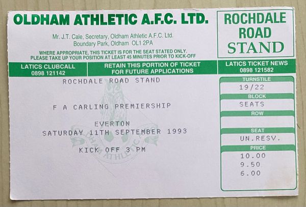 1993/94 ORIGINAL FA PREMIERSHIP TICKET OLDHAM ATHLETIC V EVERTON